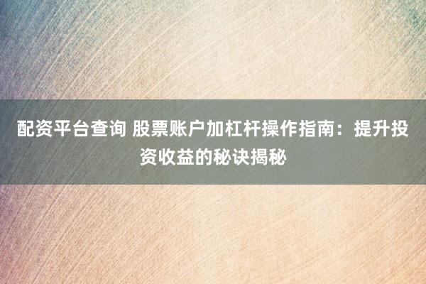 配资平台查询 股票账户加杠杆操作指南：提升投资收益的秘诀揭秘